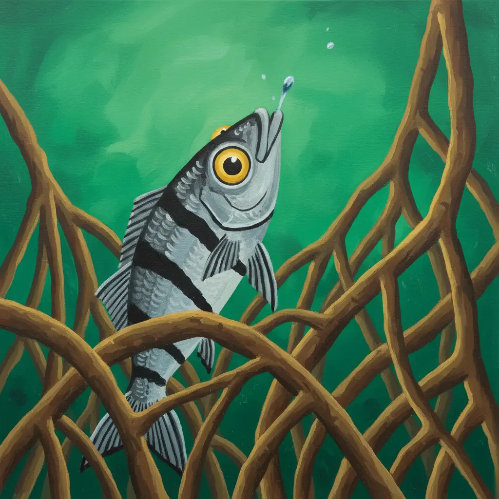 Primer plano de la boca del pez arquero en la superficie del agua, apuntando hacia arriba.