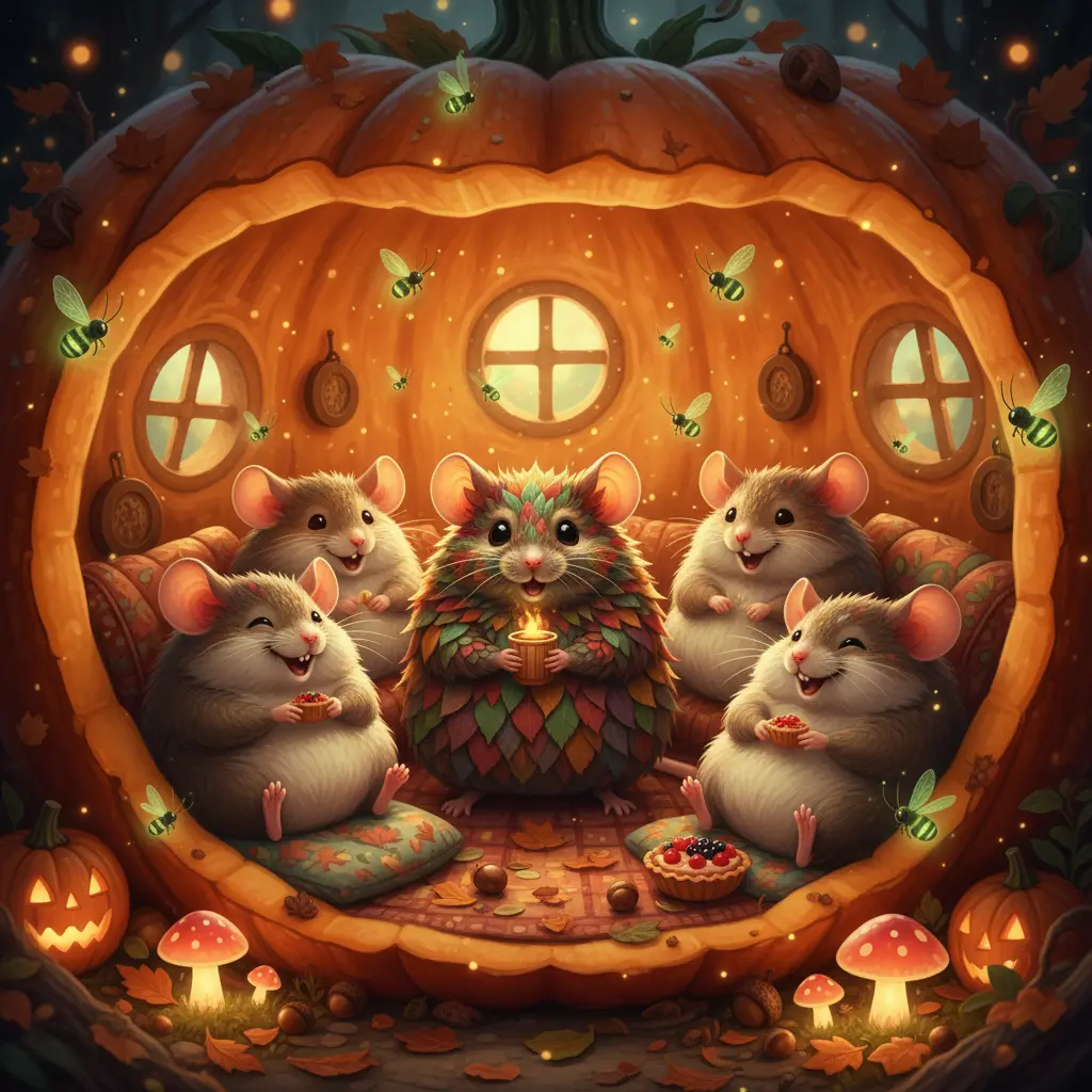 Ratoncito Remiendo y sus amigos dentro de la calabaza, iluminados por las luciérnagas.