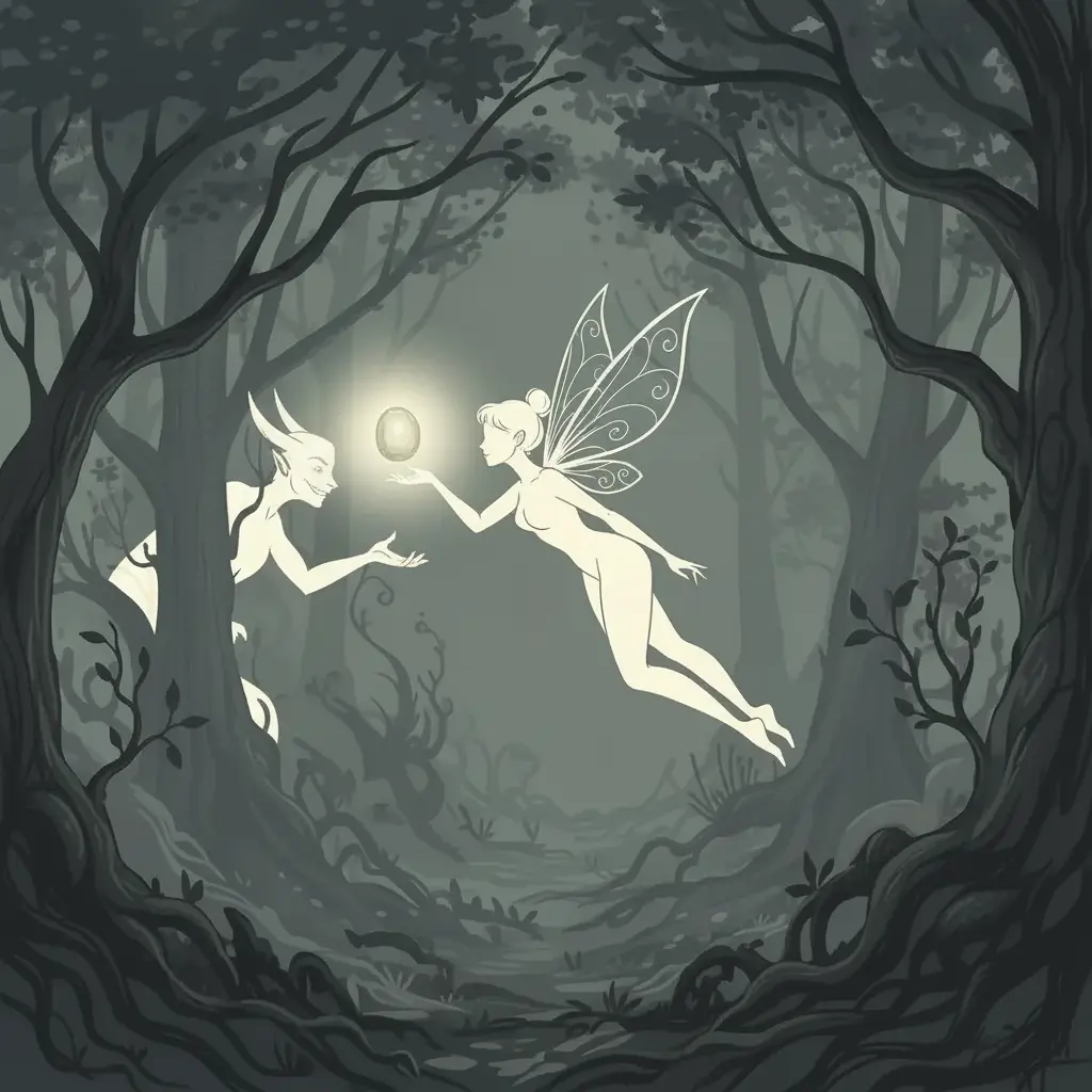 La criatura le ofrece a Lira la piedra brillante, con una expresión astuta.