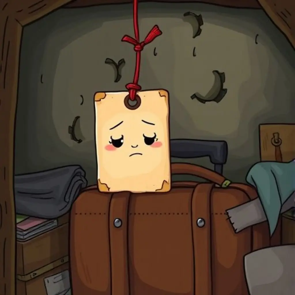 Una etiqueta de equipaje aburrida colgando de una maleta vieja en un ático polvoriento.