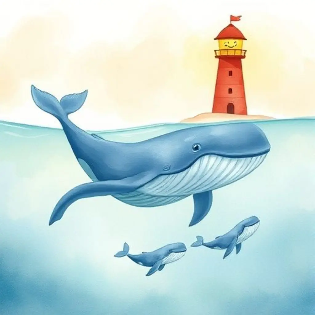 La ballenita se reúne con su familia, y el Señor Ronquido sonríe feliz.