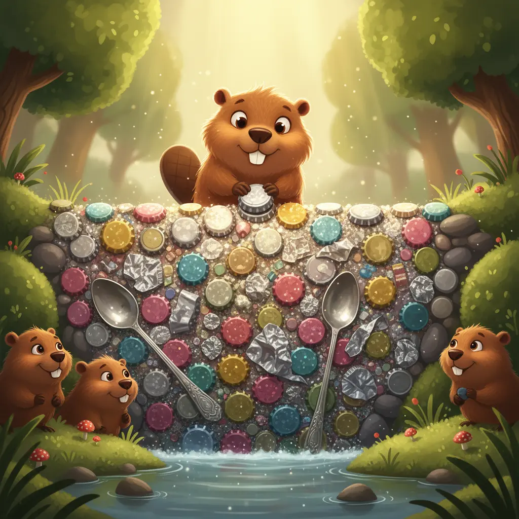 Copito, un castor con ojos grandes, construyendo su presa de objetos brillantes mientras otros castores lo observan.