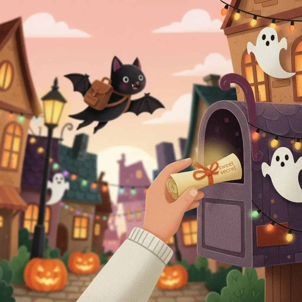 Una mano infantil saca un pergamino dulce de un buzón decorado, mientras Chirri vuela feliz al amanecer.