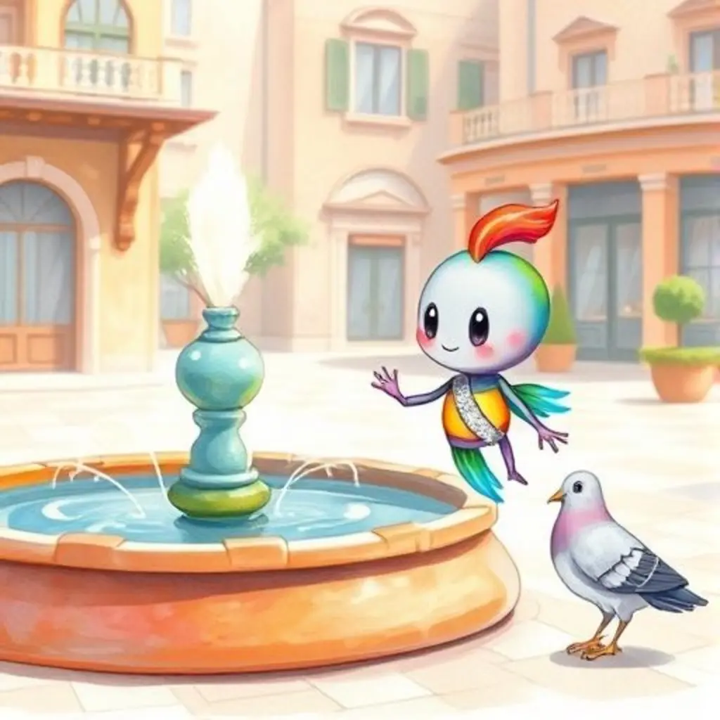 Ritin pregunta a la fuente por sus chispitas, mientras una paloma lo observa.