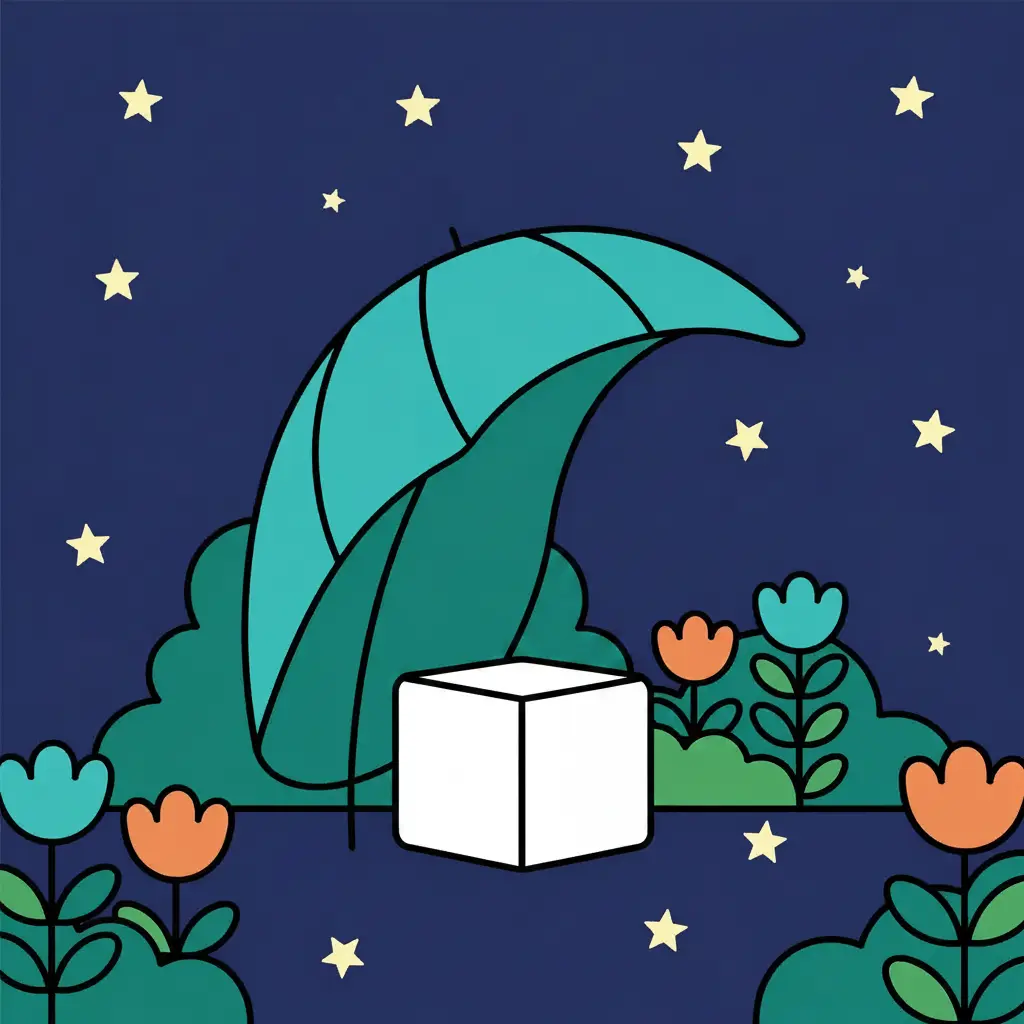 El robot blanco plegado como una cajita durmiendo bajo una gran hoja.