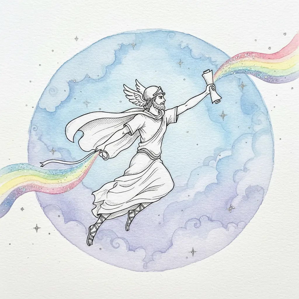 Hermes, el mensajero de los dioses, vuela con sus alas en el cielo azul, llevando un mensaje de arcoíris.