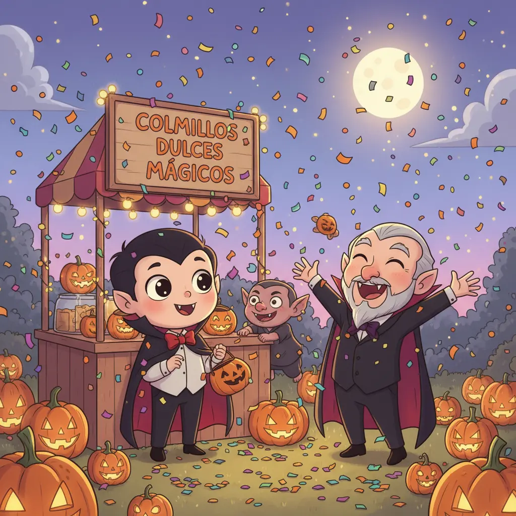 Dientes y el duende manejan su puesto de dulces en una fiesta de Halloween, mientras el tío Drácula ríe cubierto de confeti.