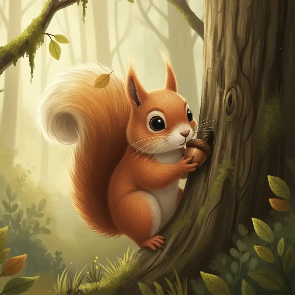 La ardilla Cola Rizada guarda su bellota con cuidado.