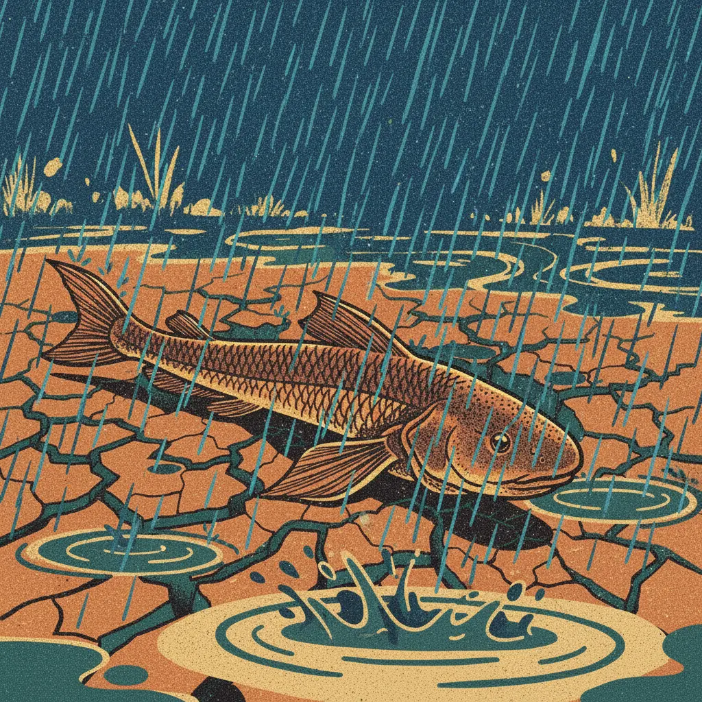 Gotas de lluvia gigantes caen sobre la tierra seca, ablandando el lodo.