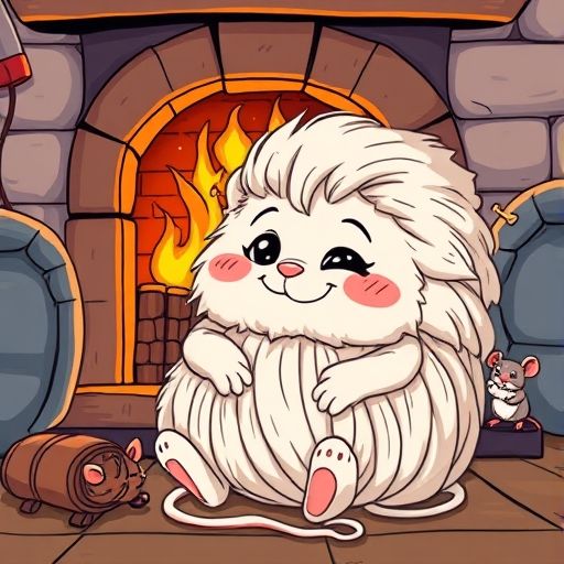Ovillo Pelusa, un ovillo de lana sonriente, junto a una chimenea, observado por ratoncitos curiosos.
