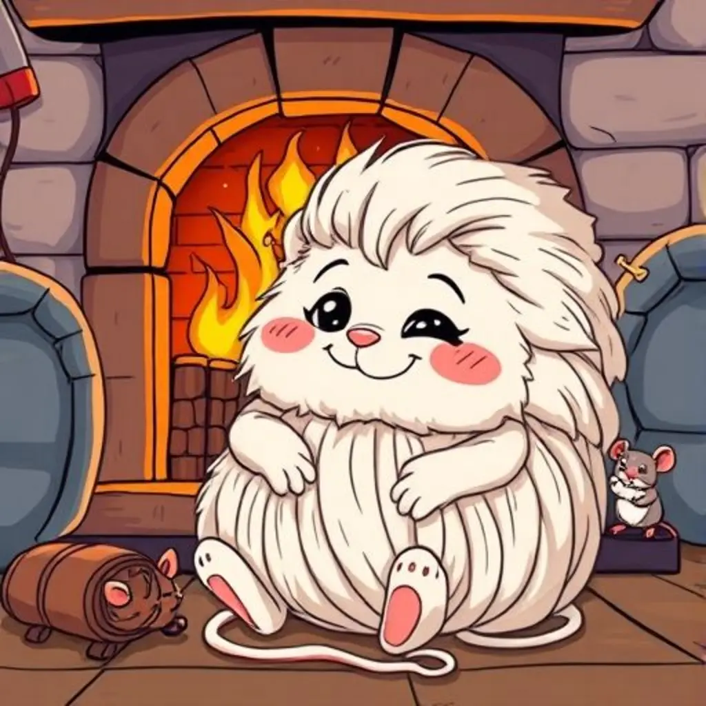 Ovillo Pelusa, un ovillo de lana sonriente, junto a una chimenea, observado por ratoncitos curiosos.