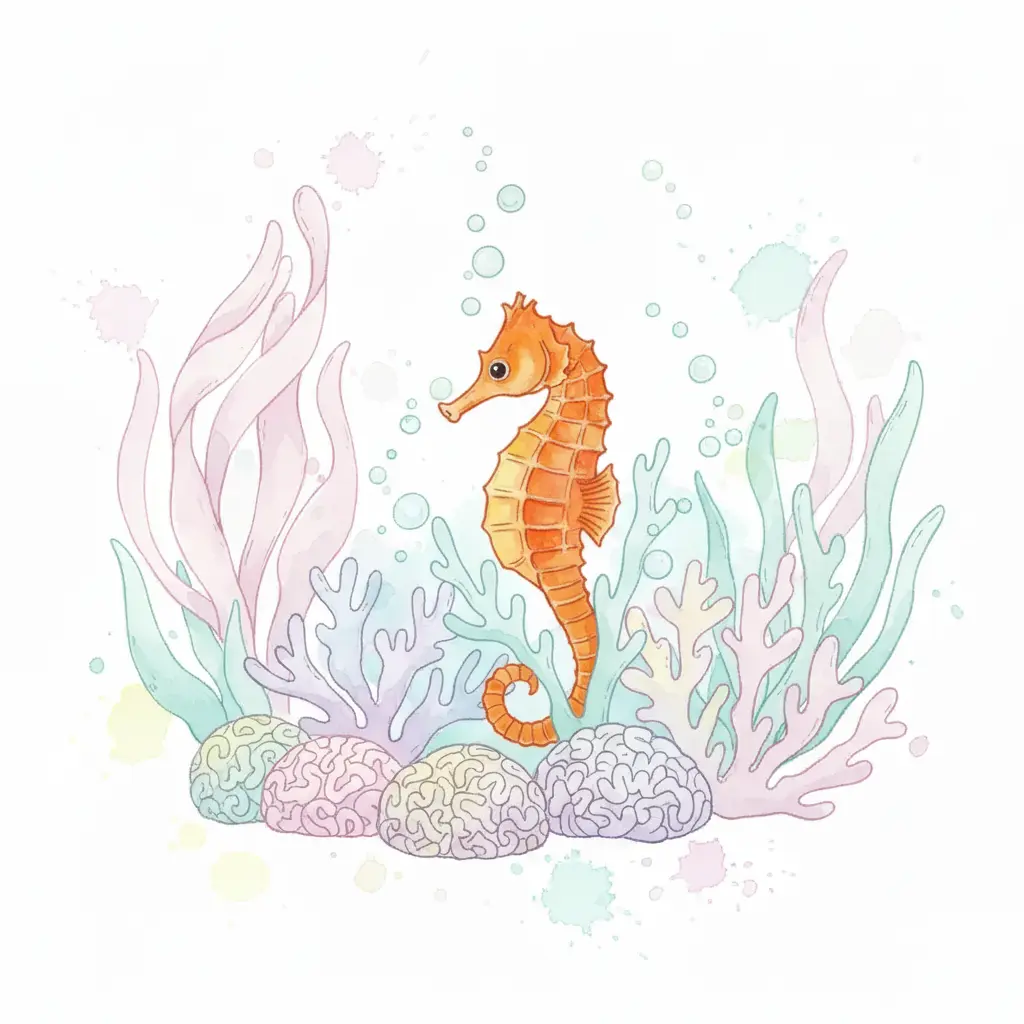 Un caballito de mar de color naranja brillante se ve completo y feliz en el arrecife de coral.