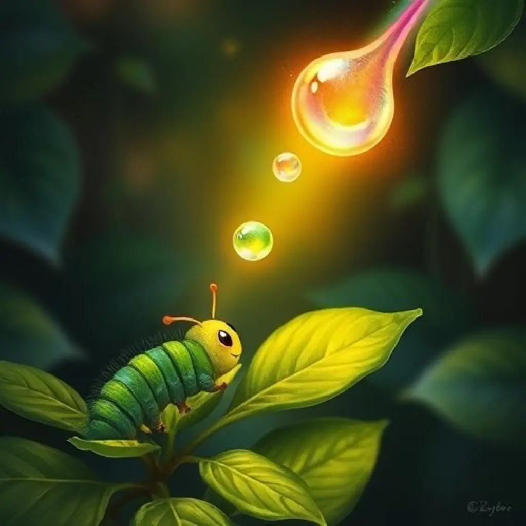 Zzz, el arcoíris, ilumina tres hojas tiernas para Cati la oruga, que está comiendo feliz.