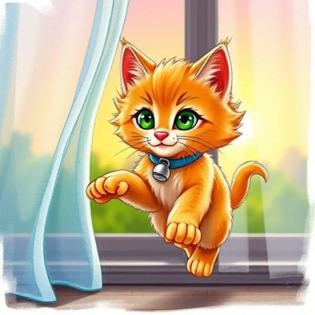 Miau el gatito salta con curiosidad, sus patitas rozan una cortina transparente al atardecer.