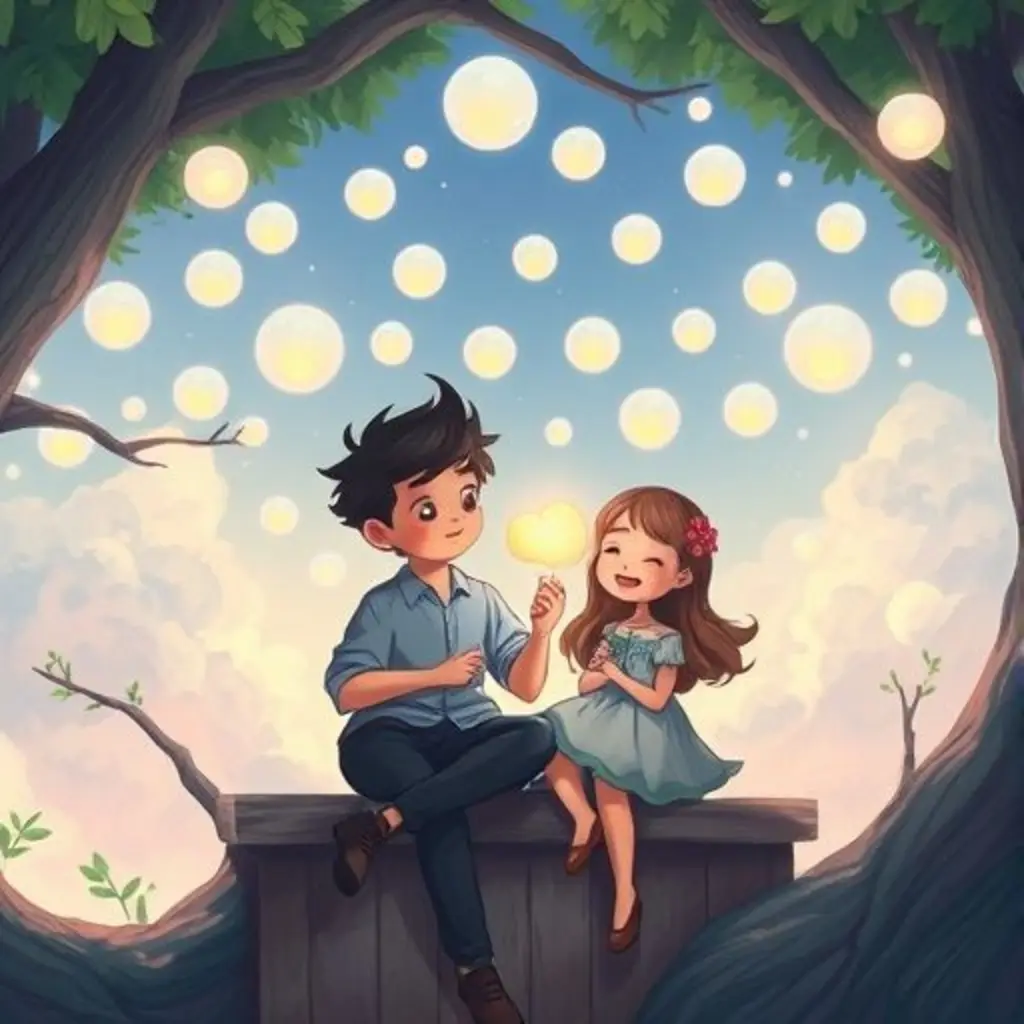 Sonoro y NubeOveja, amigos ahora, se sientan en la casa del árbol mientras las nubesitas vuelven a brillar.