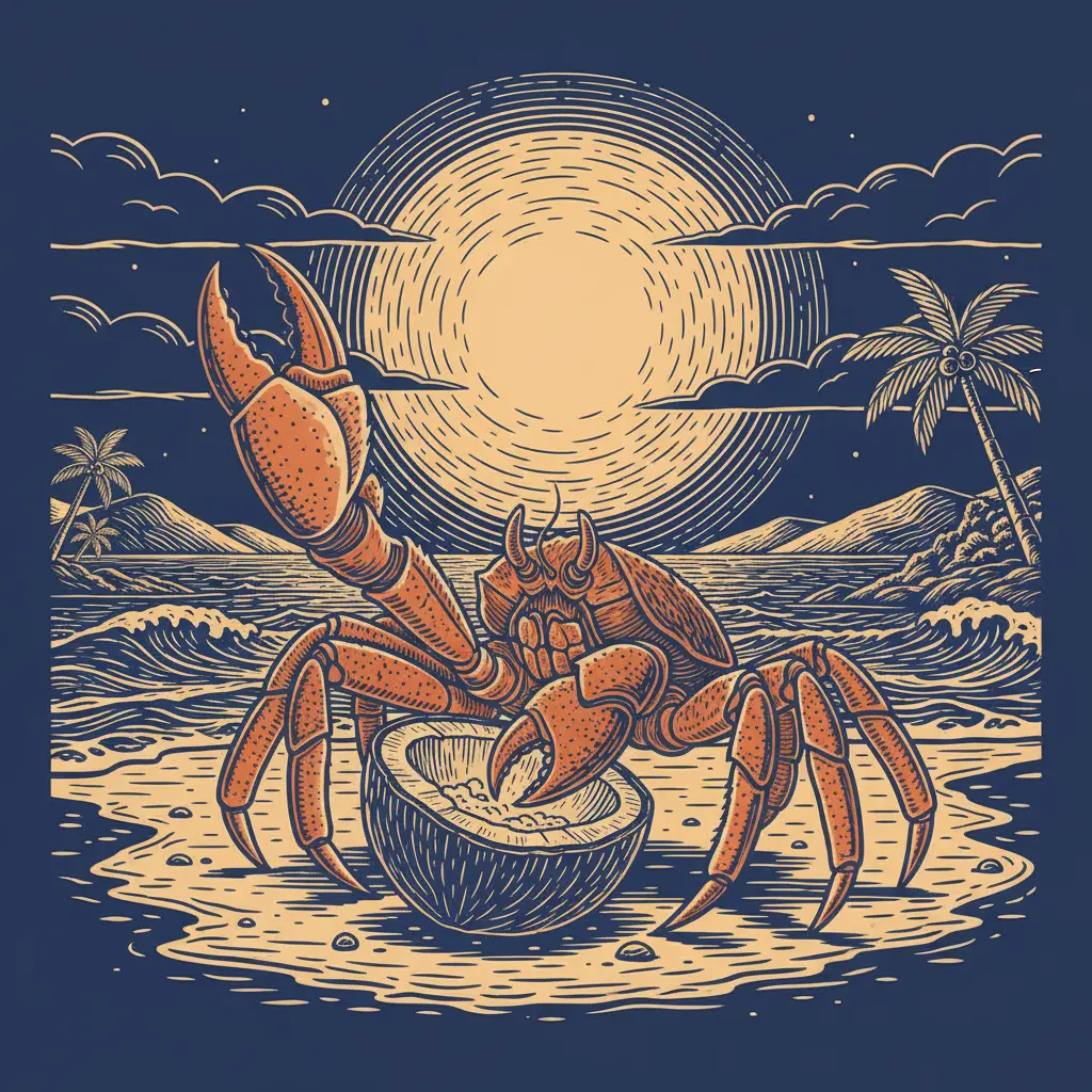 Cangrejo gigante comiendo el interior de un coco partido.