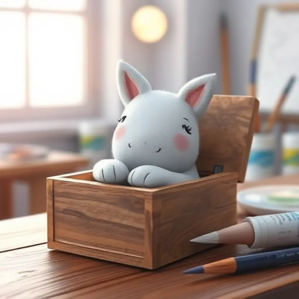 Borrón, una tiza blanca, en su caja en un aula de arte al anochecer.