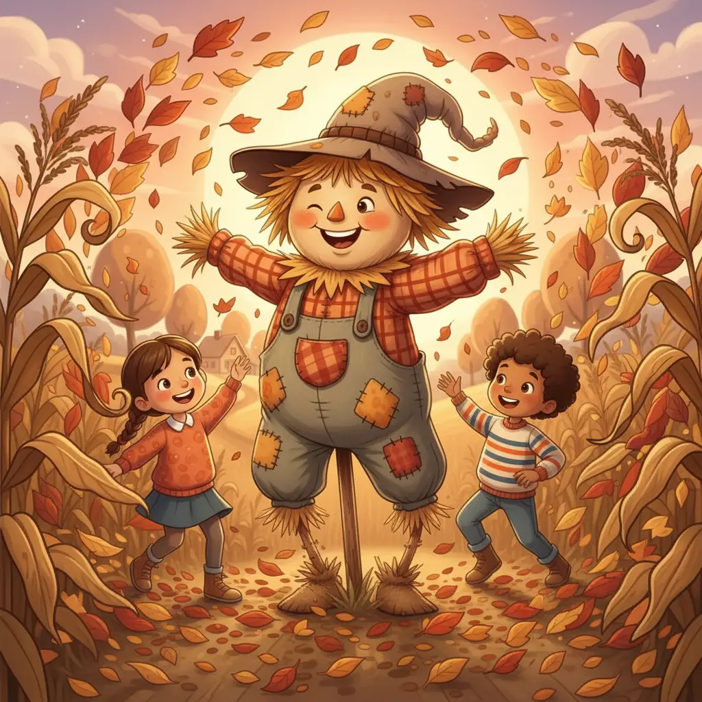 Espantapájaros Risitas y los niños bailan juntos con hojas secas, riendo con alegría.