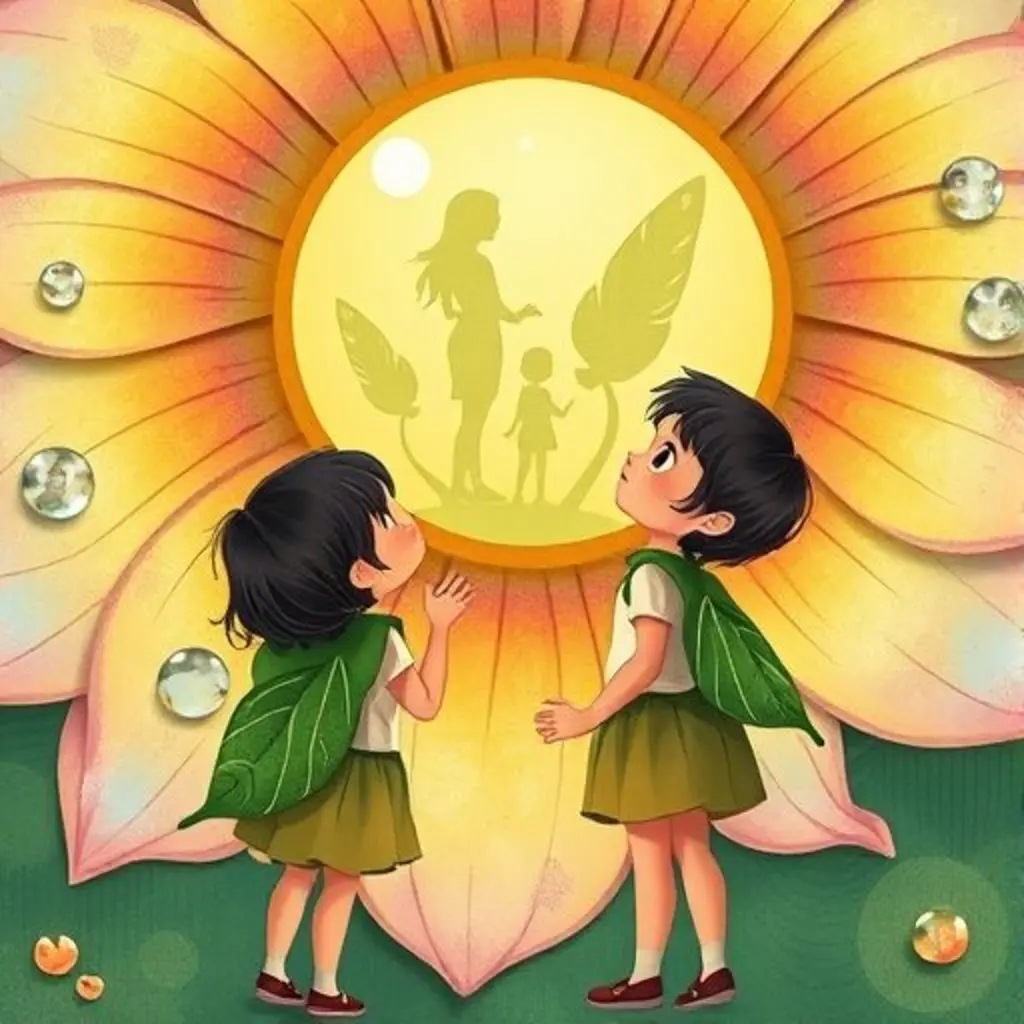 Miko frente a una flor gigante con una gota de rocío mágica.