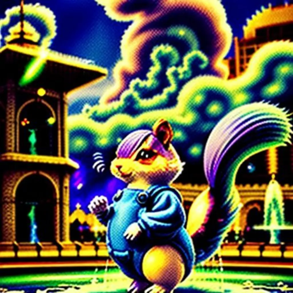 Dira, la ardilla-nube, feliz y sonriente, abrazando su botón púrpura recién encontrado, rodeada de palomas amigas en la plaza.