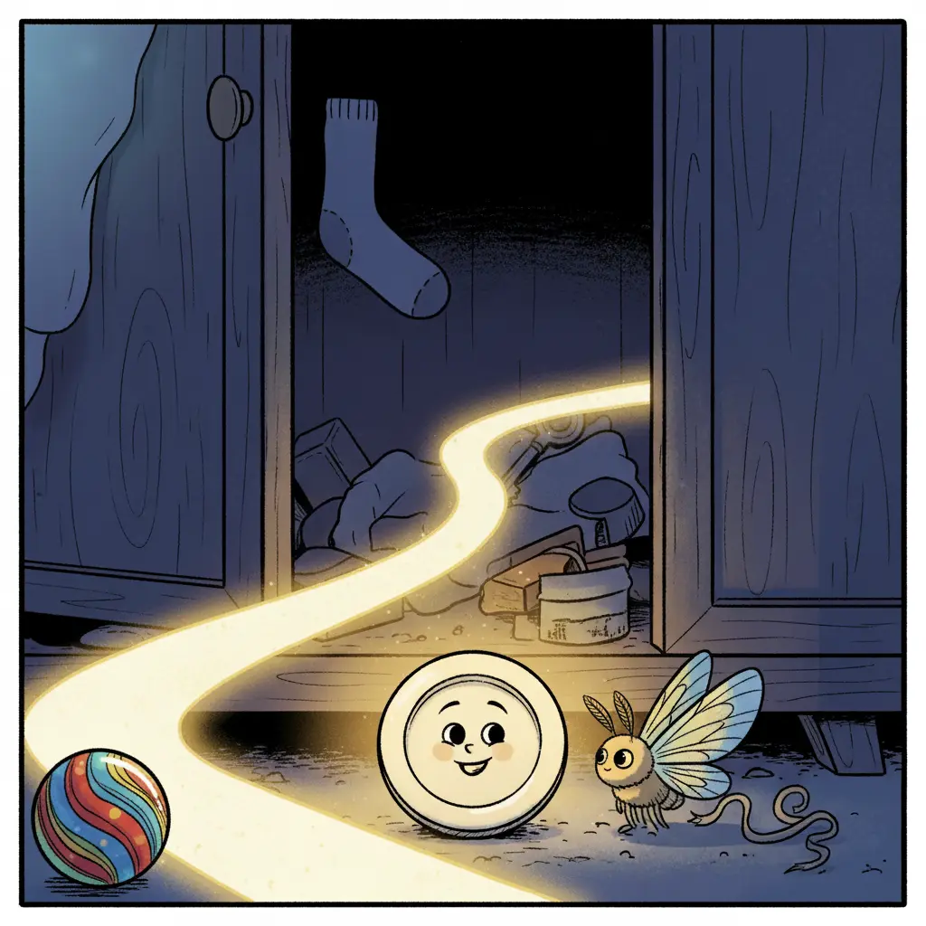 Costura y una polilla llamada Miga observan un camino de luz que lleva a una canica brillante.