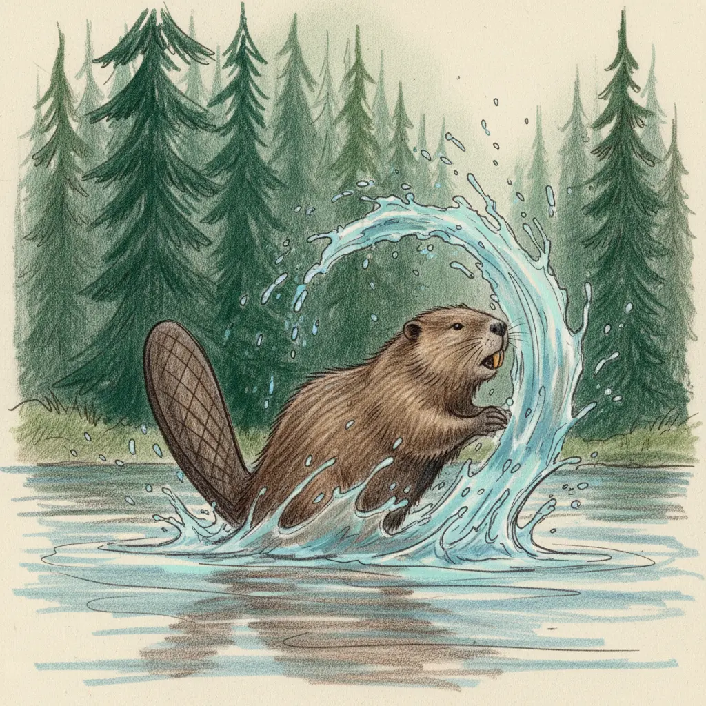 El castor golpea el agua con su cola plana, creando una gran salpicadura.