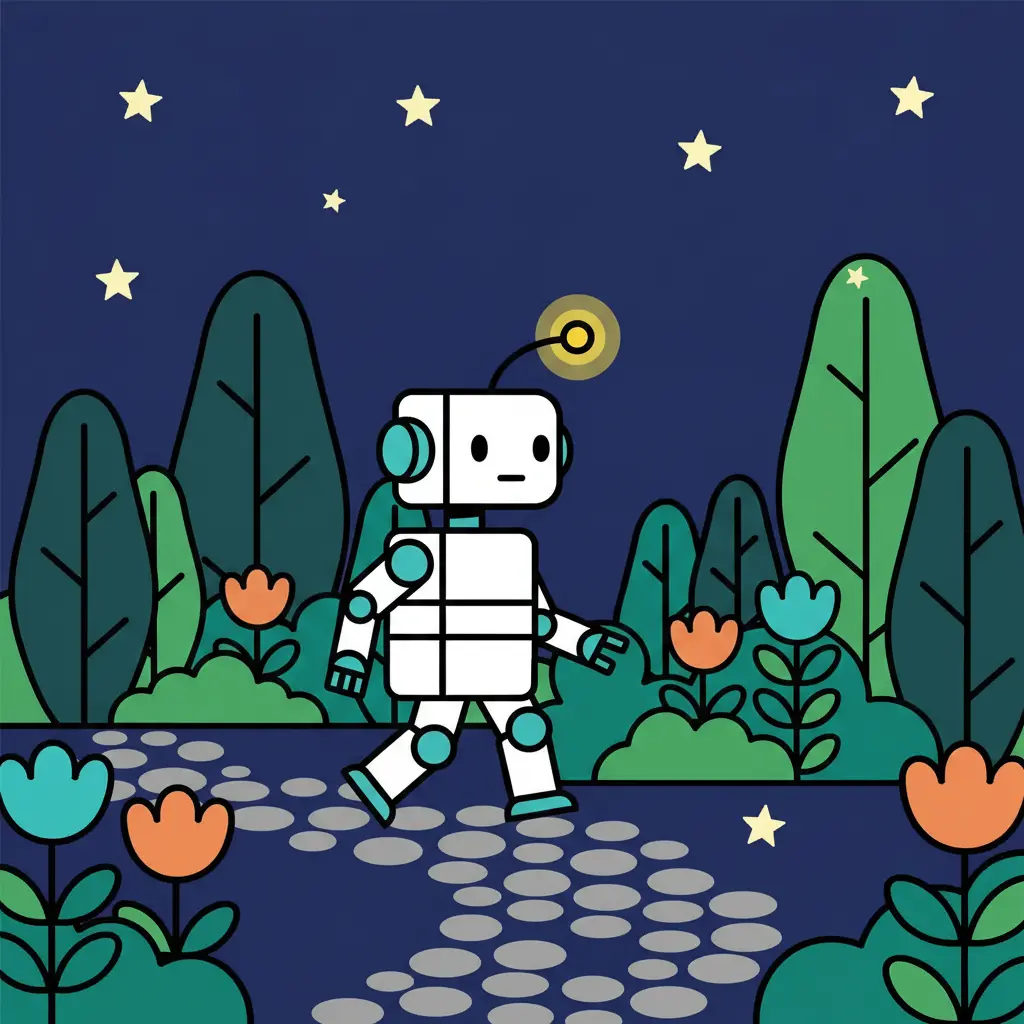 Un pequeño robot blanco con articulaciones turquesas camina por un jardín oscuro bajo las estrellas.