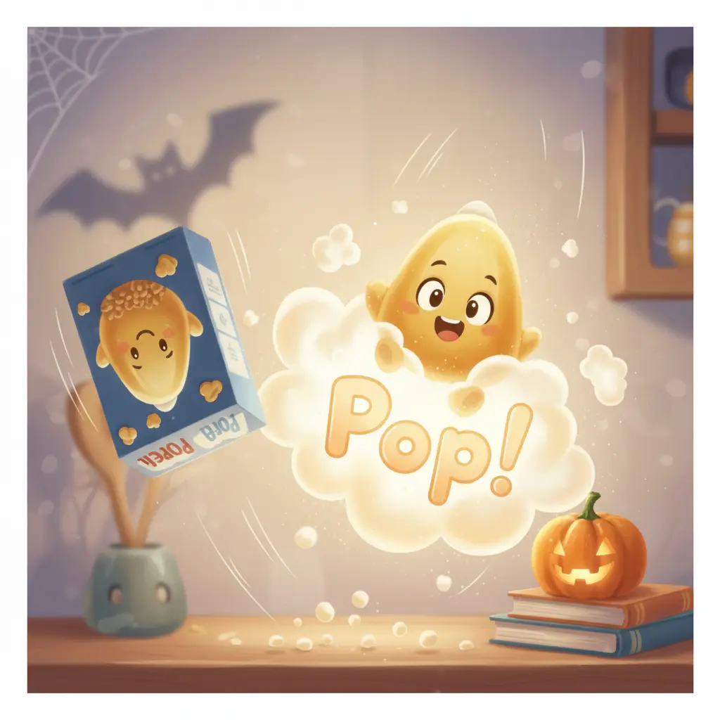 Pepita de Maíz cayendo de la caja, con un pequeño 'Pop!'.