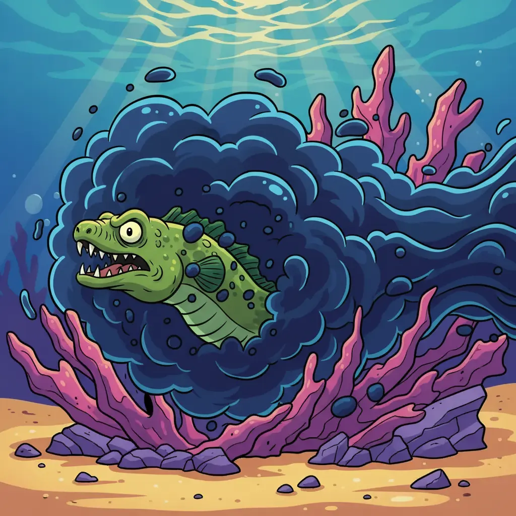 El pulpo lanza una nube de tinta oscura para escapar de una morena verde.