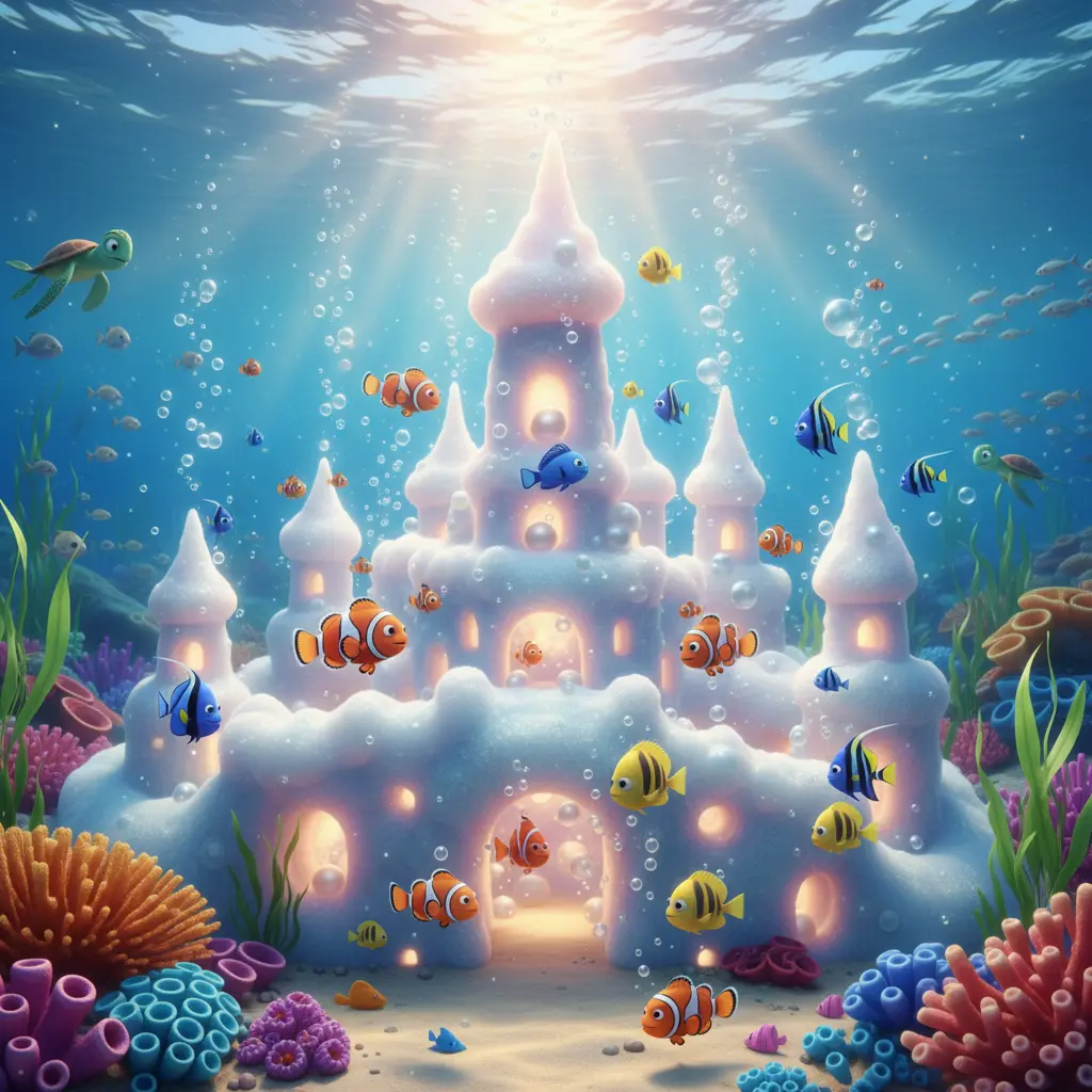 Peces de colores juegan al escondite entre los castillos de espuma creados por las perlas.