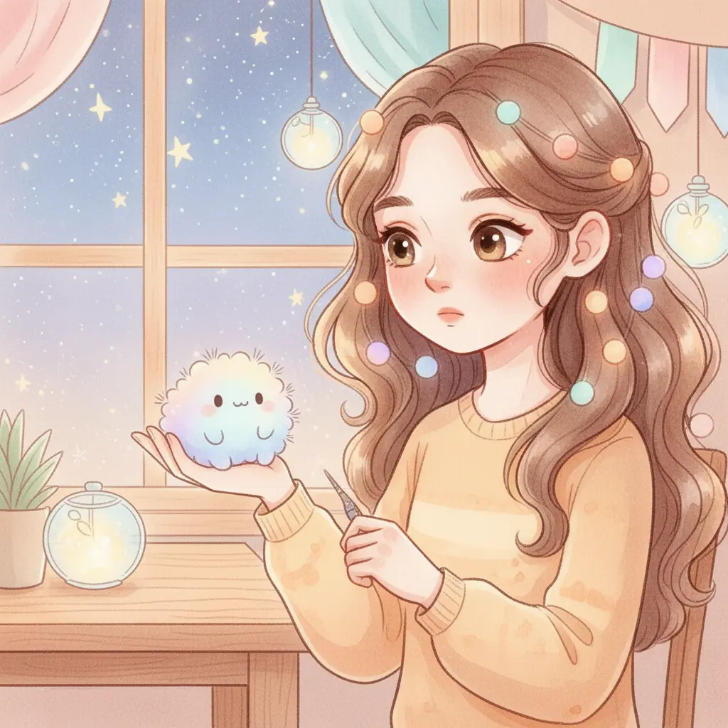 Pincel Susurro, feliz, descansa en la mano de Lúa, mirando las estrellas.