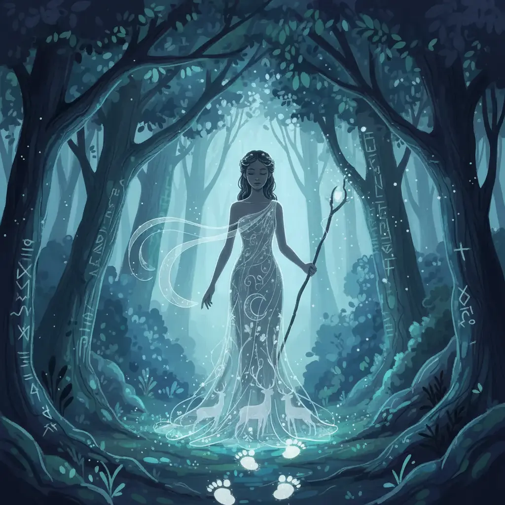 El aliento de Artemisa se convirtió en huellas luminosas y plateadas que brillaban suavemente en el suelo del bosque.