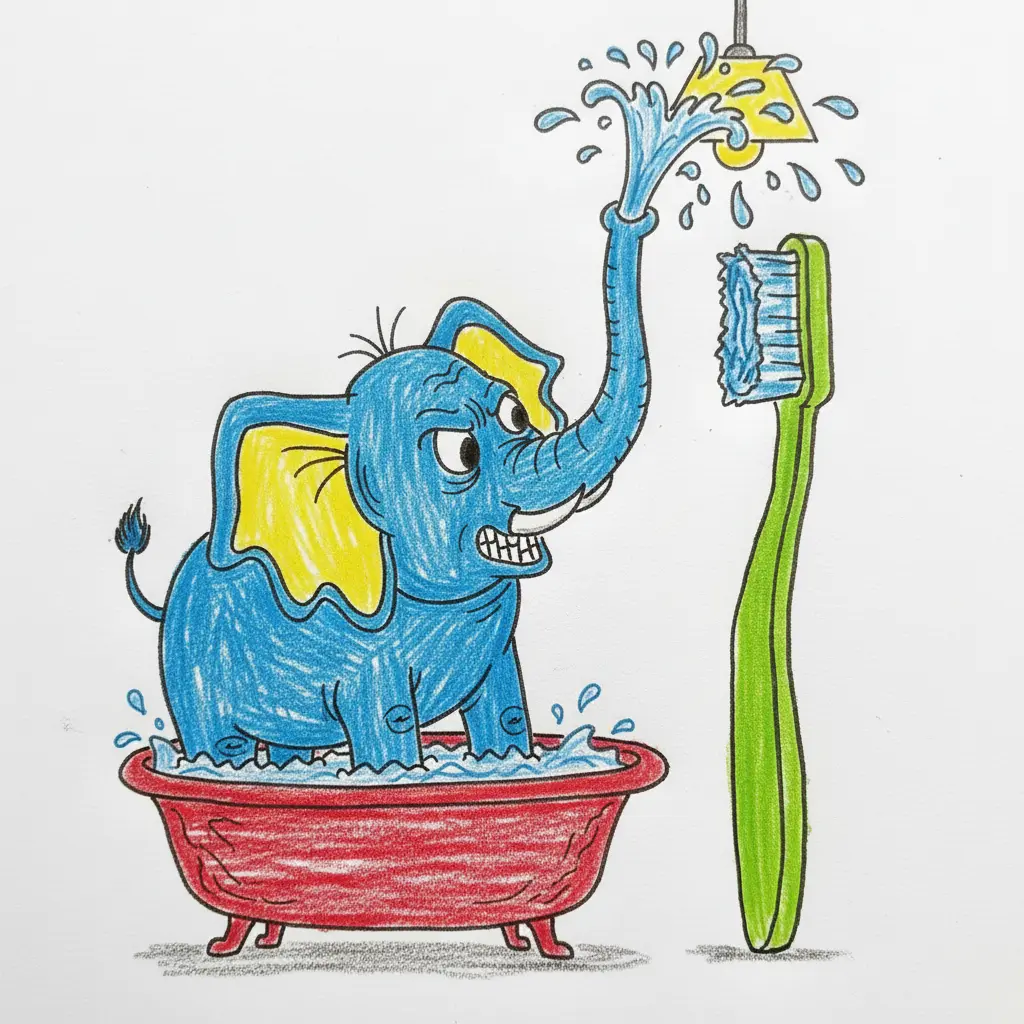 El elefante sopla agua hacia el techo y moja la lámpara mientras la bañera sigue en el suelo.