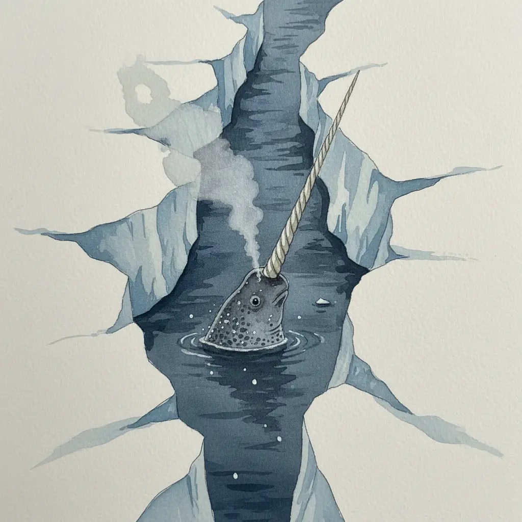 La cabeza de un narval asomando por una grieta en el hielo soltando vapor por su espiráculo.