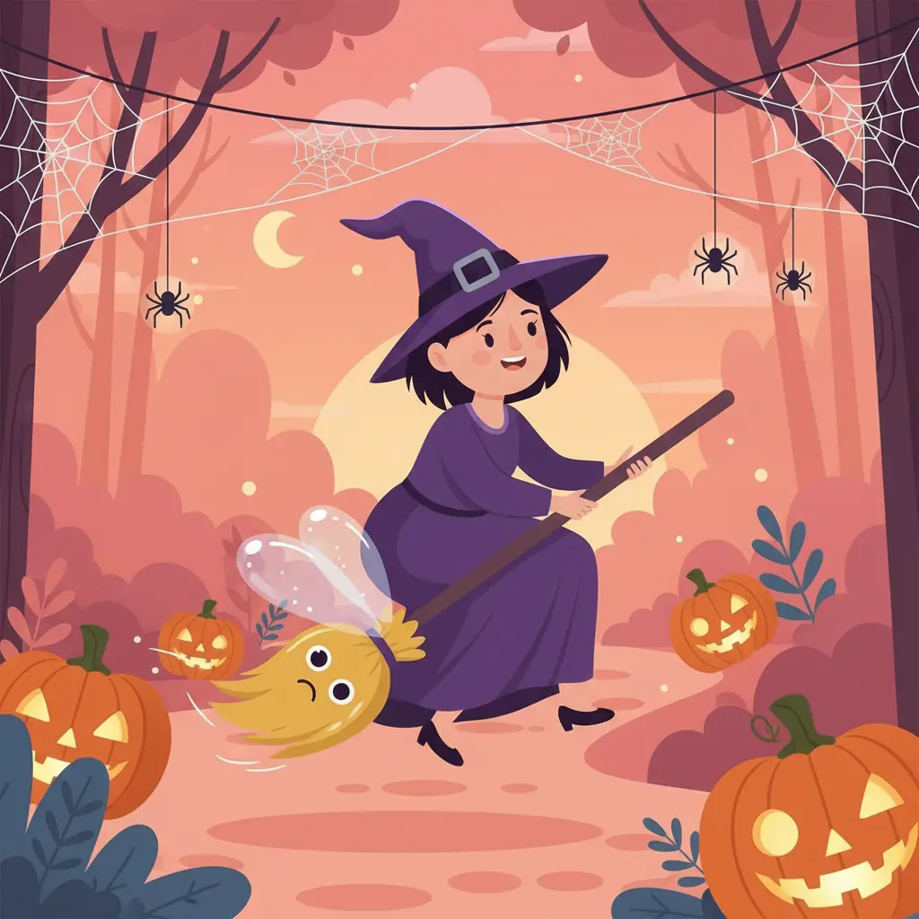 Matilda y Escobita, con alas de burbujas, vuelan bajo en una carrera de Halloween, esquivando calabazas sonrientes y telarañas decoradas en un camino del bosque con luz anaranjada.