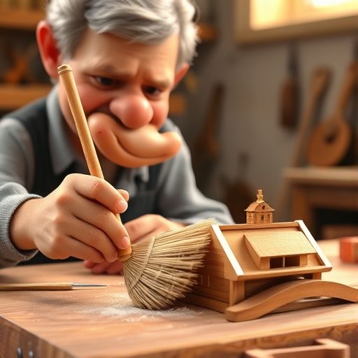 Cleta la escoba, feliz, limpiando suavemente una maqueta de madera, guiada por Don Ramón.