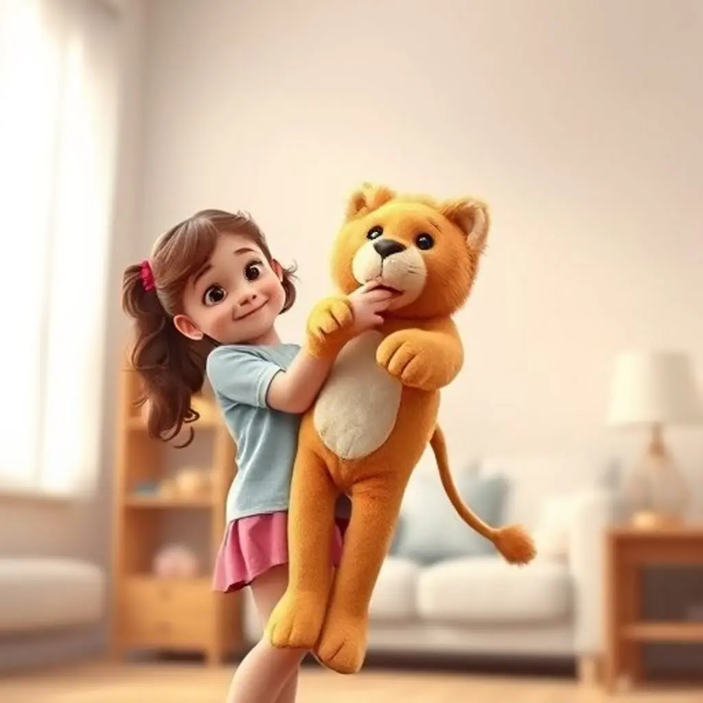 Sofía y Leo el león de peluche intentando alcanzar una galleta de un estante alto.