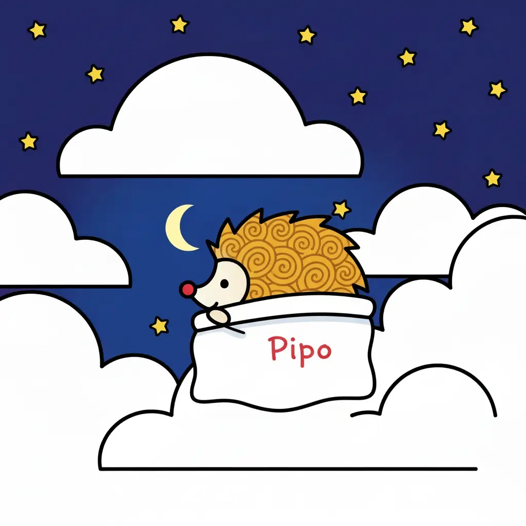 Pipo hecho una bolita durmiendo sobre una nube bajo las estrellas.