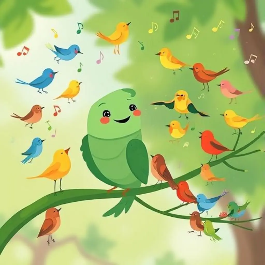 Pajaritos de todo el parque cantan juntos las melodías que Papiro les enseña.