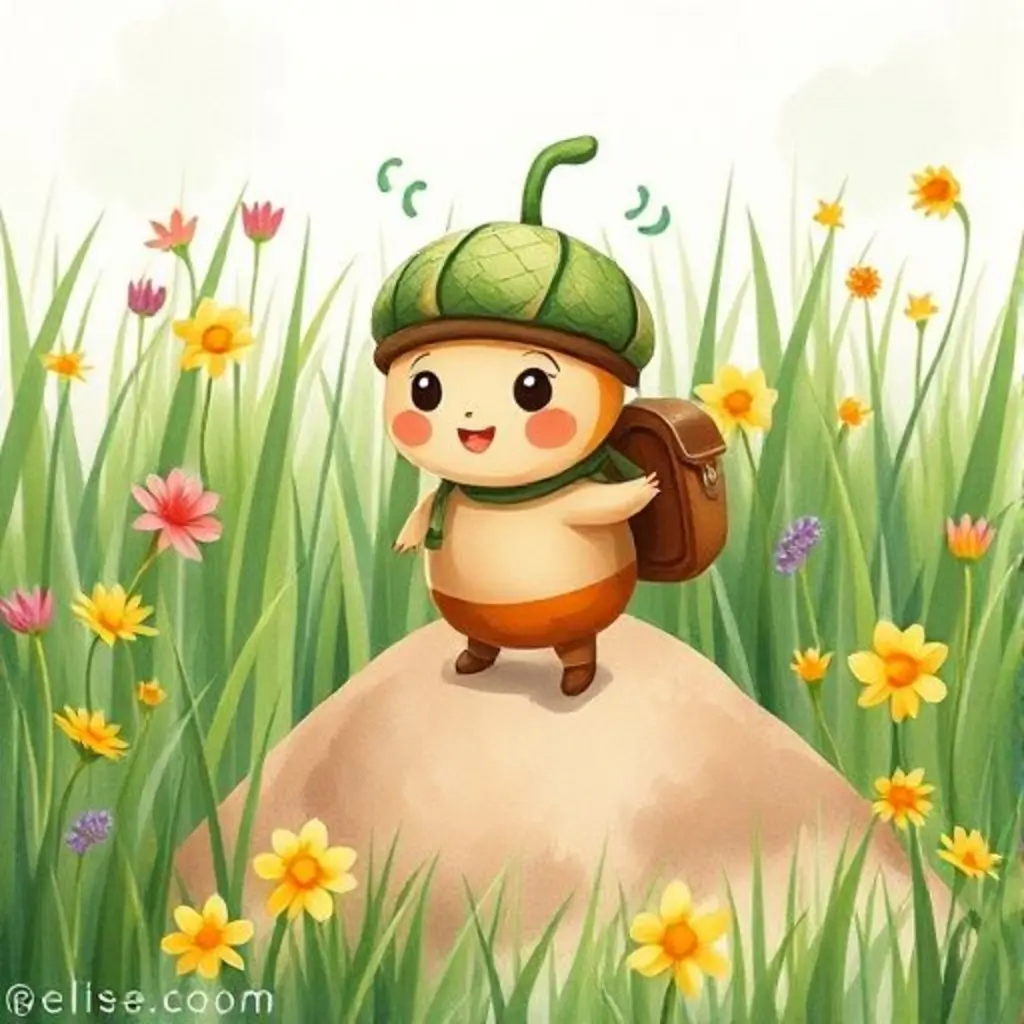 Roblito, una bellota con gorro de hoja, rueda y hace sonidos de tambor en un campo de flores.