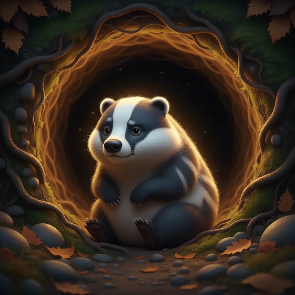 Tejón Gruñón en su acogedora madriguera oscura, con una expresión pensativa.