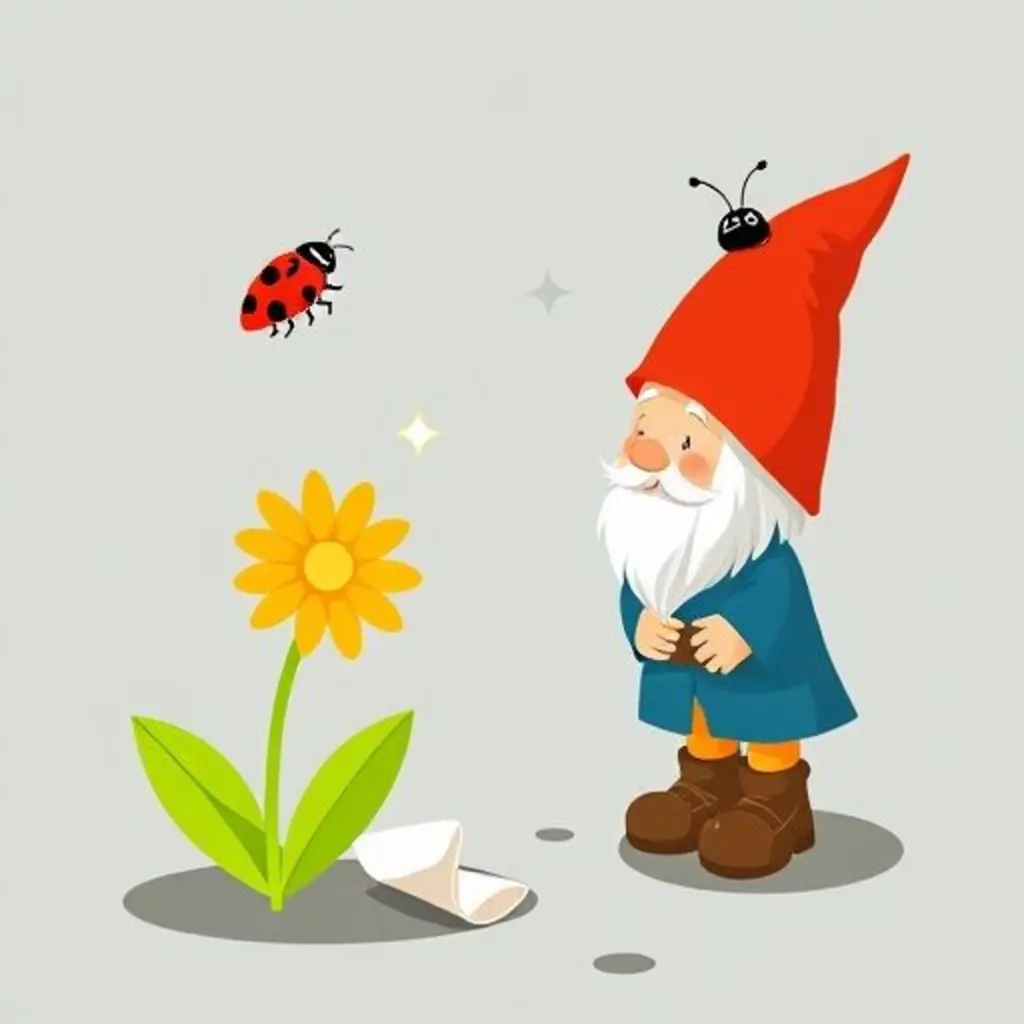 Gnomín sopla una flor y una mariquita le habla mientras la nube muestra un papel.
