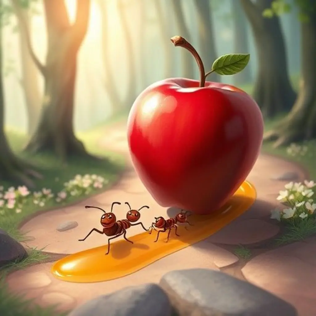 Pepita la manzana rodando, seguida por tres hormigas por un sendero dulce.