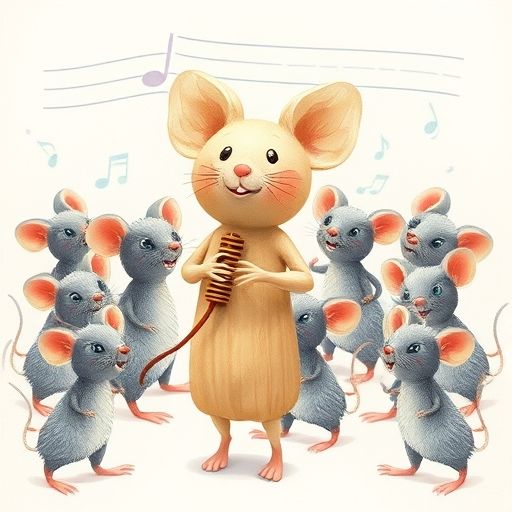 Melody tocando alegremente mientras un grupo de ratones baila a su alrededor.