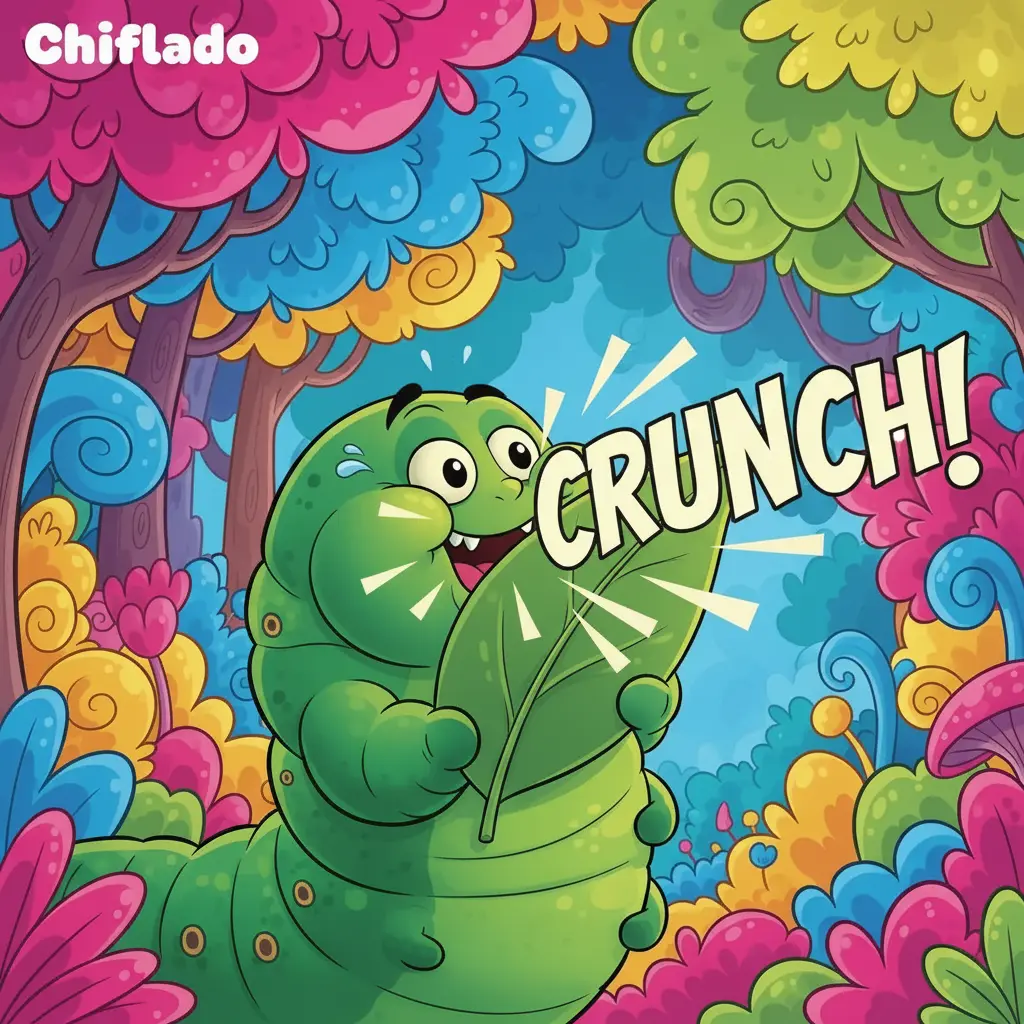 Una oruga verde y glotona masticando una hoja con mucho ruido.