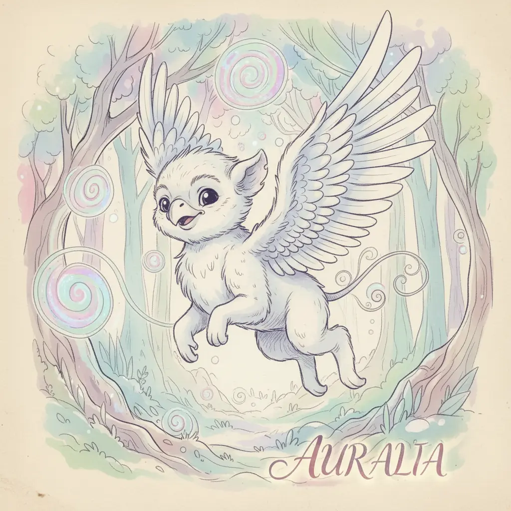 Un grifoncito con plumas suaves, aprendiendo a volar, es llevado por una ráfaga mágica en un bosque de árboles etéreos.