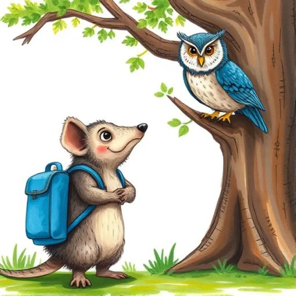 Rolo y Sabio el búho conversan bajo el árbol de roble.