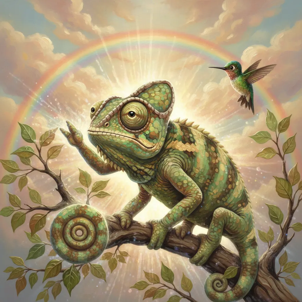 Coco, el camaleón, brilla con los colores del arcoíris reflejados en su piel, mientras Chispita el colibrí lo mira con asombro y alegría.