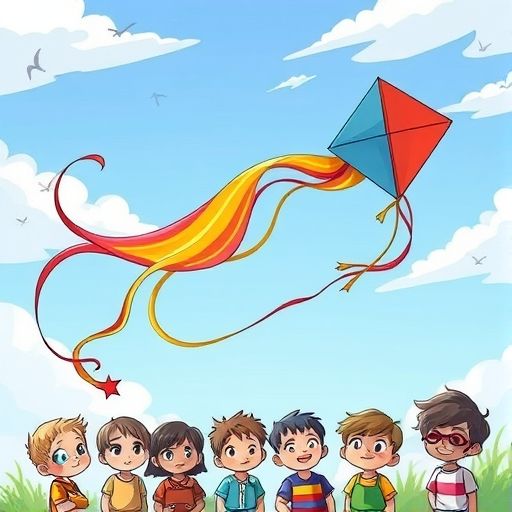 La cola de Colores creando patrones en el cielo mientras los niños la observan con asombro.