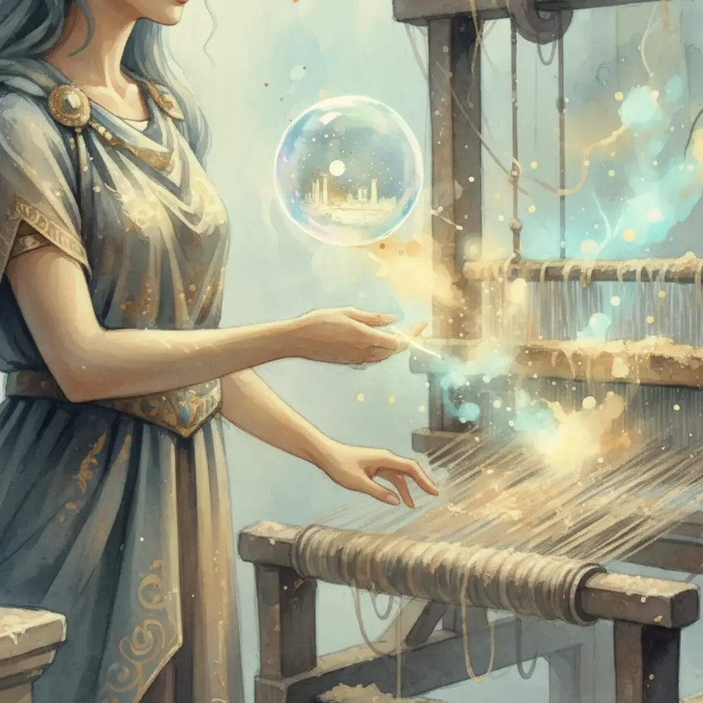 Atenea teje con sus dedos y una burbuja de sueño olvidado flota en el aire.